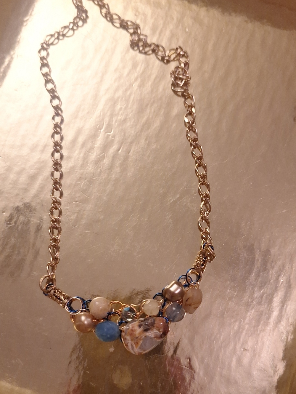 Beaded Statement Necklace in Gold & Blue Like New